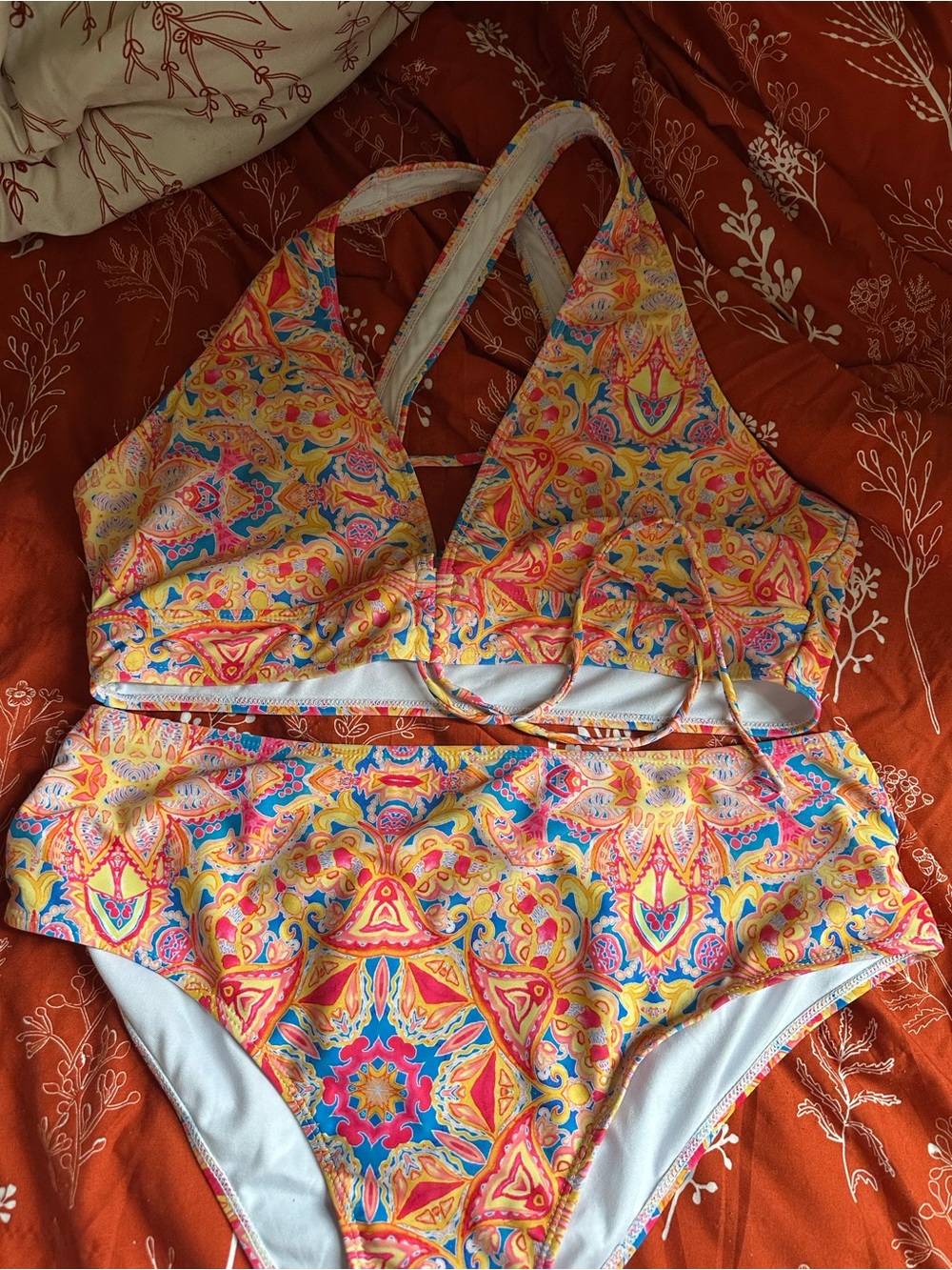 SHEIN Yellow Pink Blue Paisley High-Waist Bikini Set